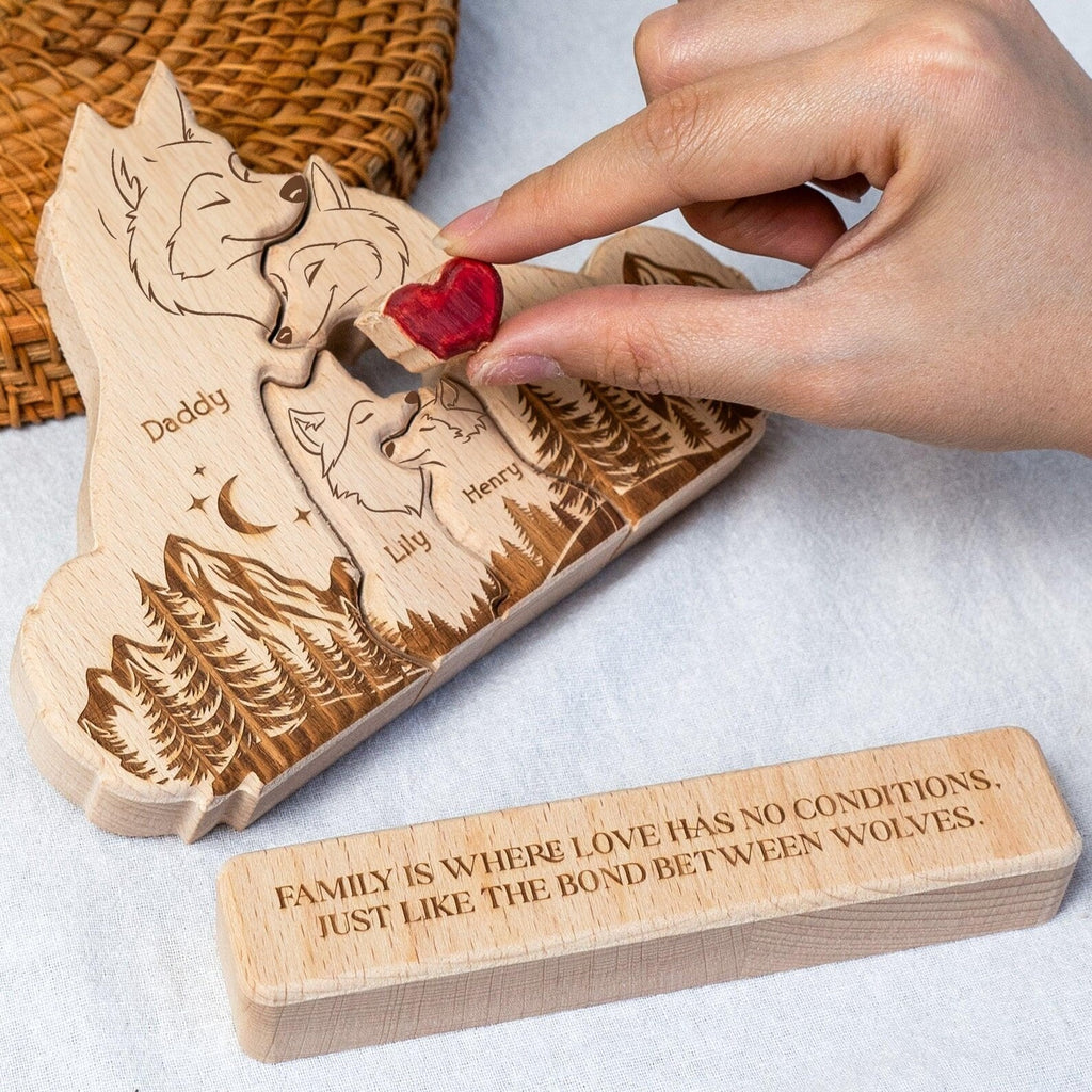 Personalized Wooden Wolf Family Puzzle with Stand | Custom Family Gift