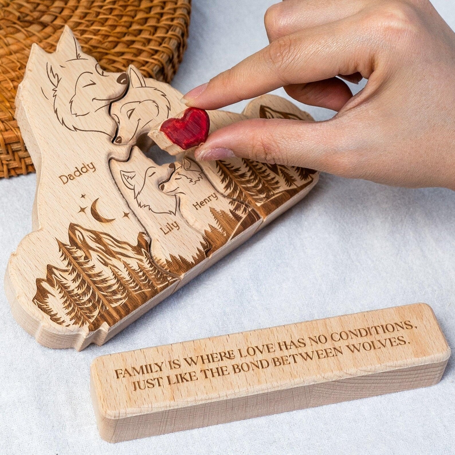 Personalized Wooden Wolf Family Puzzle with Stand | Custom Family Gift
