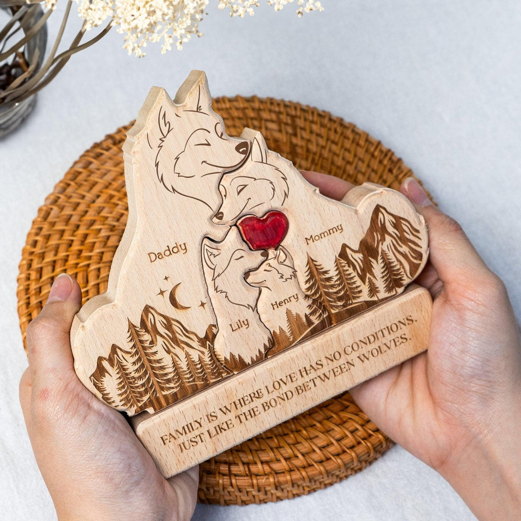 Personalized Wooden Wolf Family Puzzle with Stand | Custom Family Gift