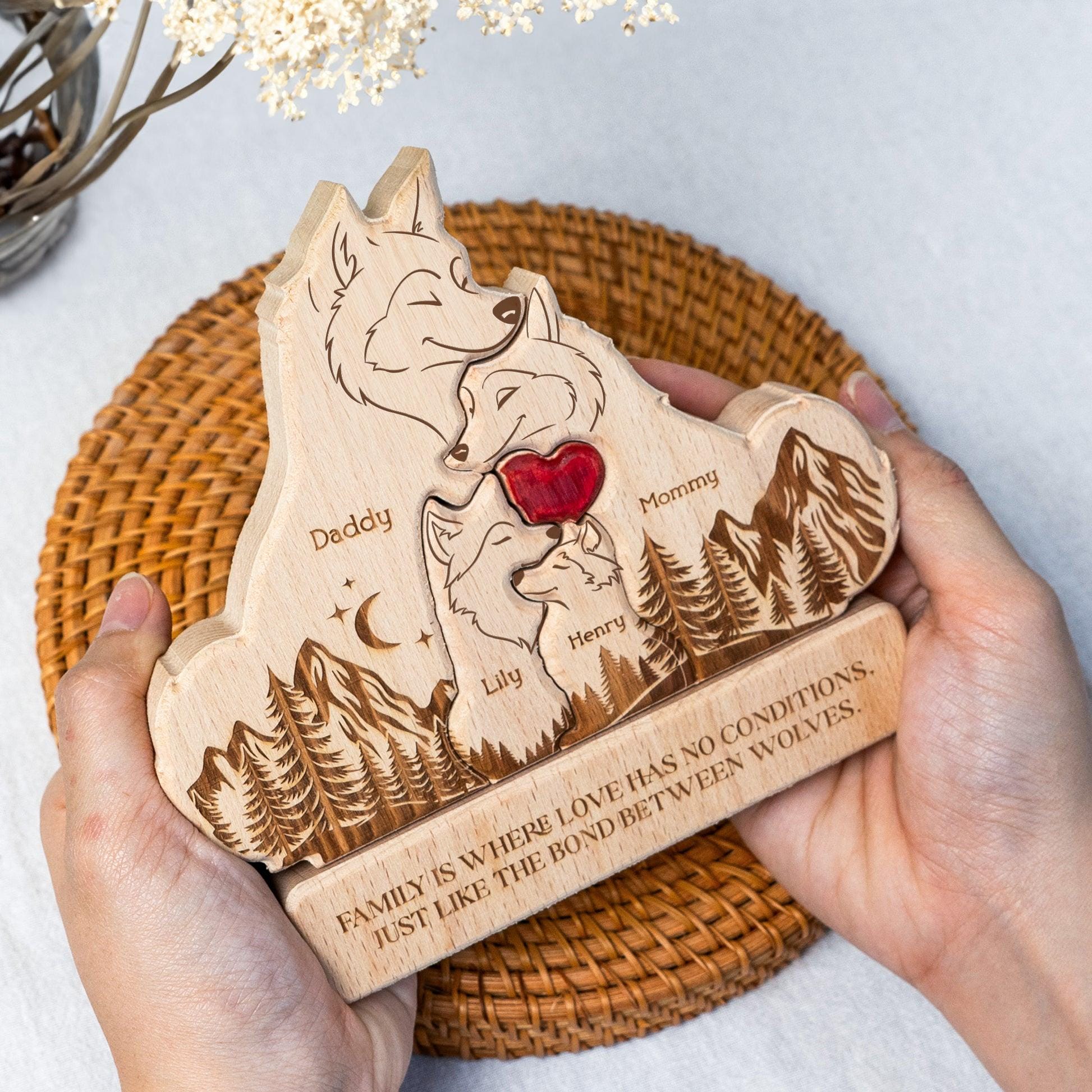 Personalized Wooden Wolf Family Puzzle with Stand | Custom Family Gift